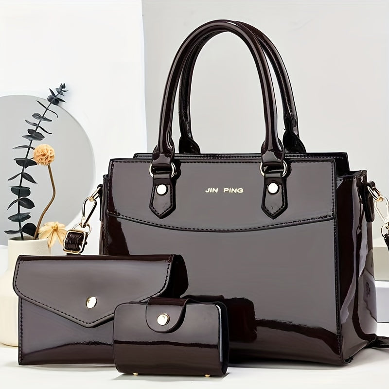 3-teiliges glänzendes Handtaschen-Set, Damen-Geldbörse aus PU-Leder mit Geldbörse und Kartenhalter