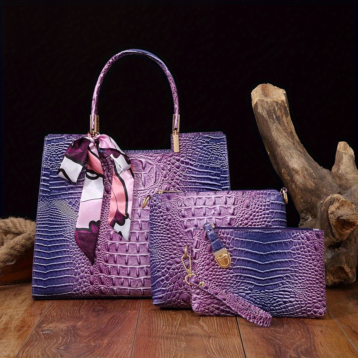 3-teiliges Taschenset Mit Krokodilmuster, Tote Bag In Farbverlauf, Luxuriöse Damenhandtasche Mit Umhängetasche Und Handgelenktasche