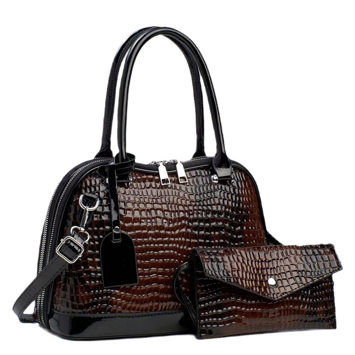 Set aus 2 Taschen mit Krokodilmuster, glänzende Handtasche für Damen, modische Umhängetasche mit Clutch-Geldbörse