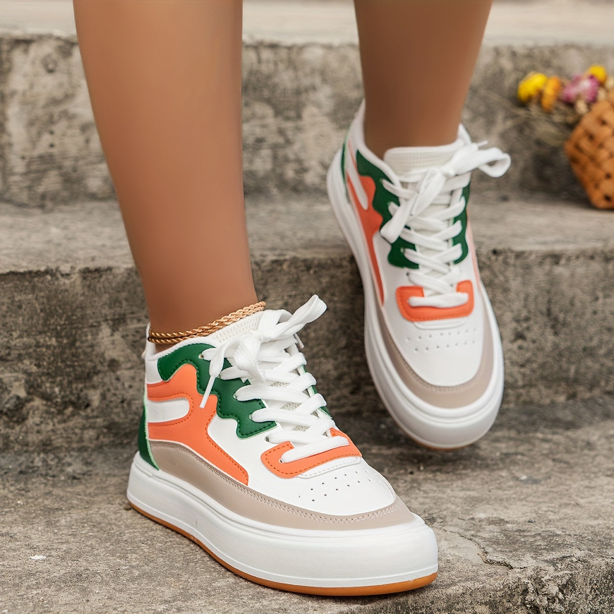 Colorblock-Skateschuhe Für Damen, Lässige High-Top-Outdoor-Schuhe, Bequeme Schnür-Sneaker