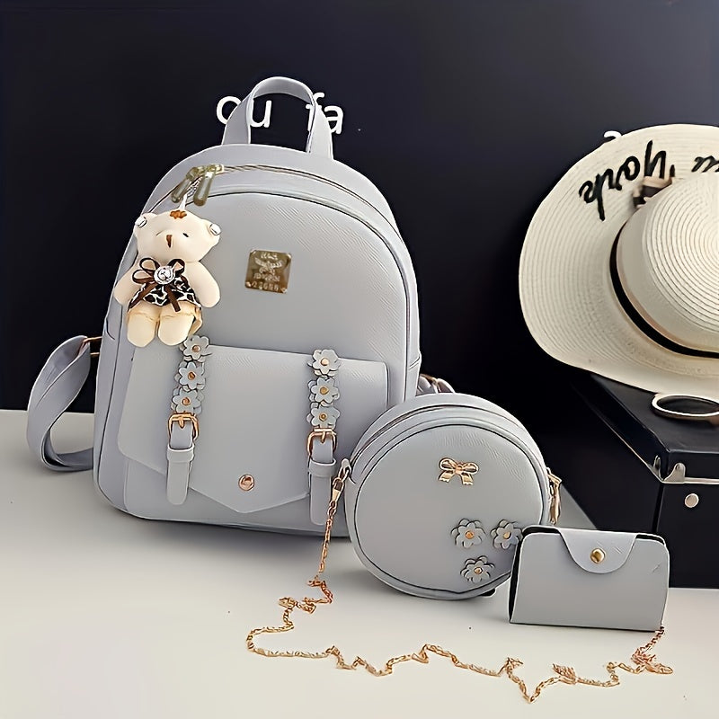 3-teiliges Set Niedlicher Rosa Rucksack, Kleiner Mini Schulreise-Tagesrucksack, Damenmode-Handtasche, Schultertasche & Geldbörse