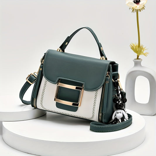 Modische Farbkontrast-Handtasche, Damen-Schnallendekor-Umhängetasche, elegante Mini-Quadrat-Tasche mit oberem Griff