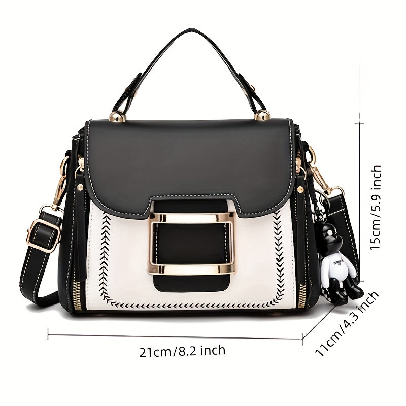 Modische Farbkontrast-Handtasche, Damen-Schnallendekor-Umhängetasche, elegante Mini-Quadrat-Tasche mit oberem Griff
