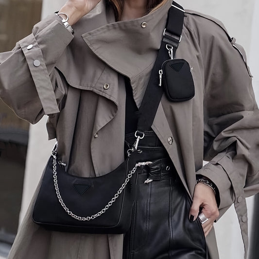 Modische Umhängetasche für Damen mit Kettendetail, schwarzes PU-Leder, vielseitig tragbar, Umhängetasche mit Reißverschluss