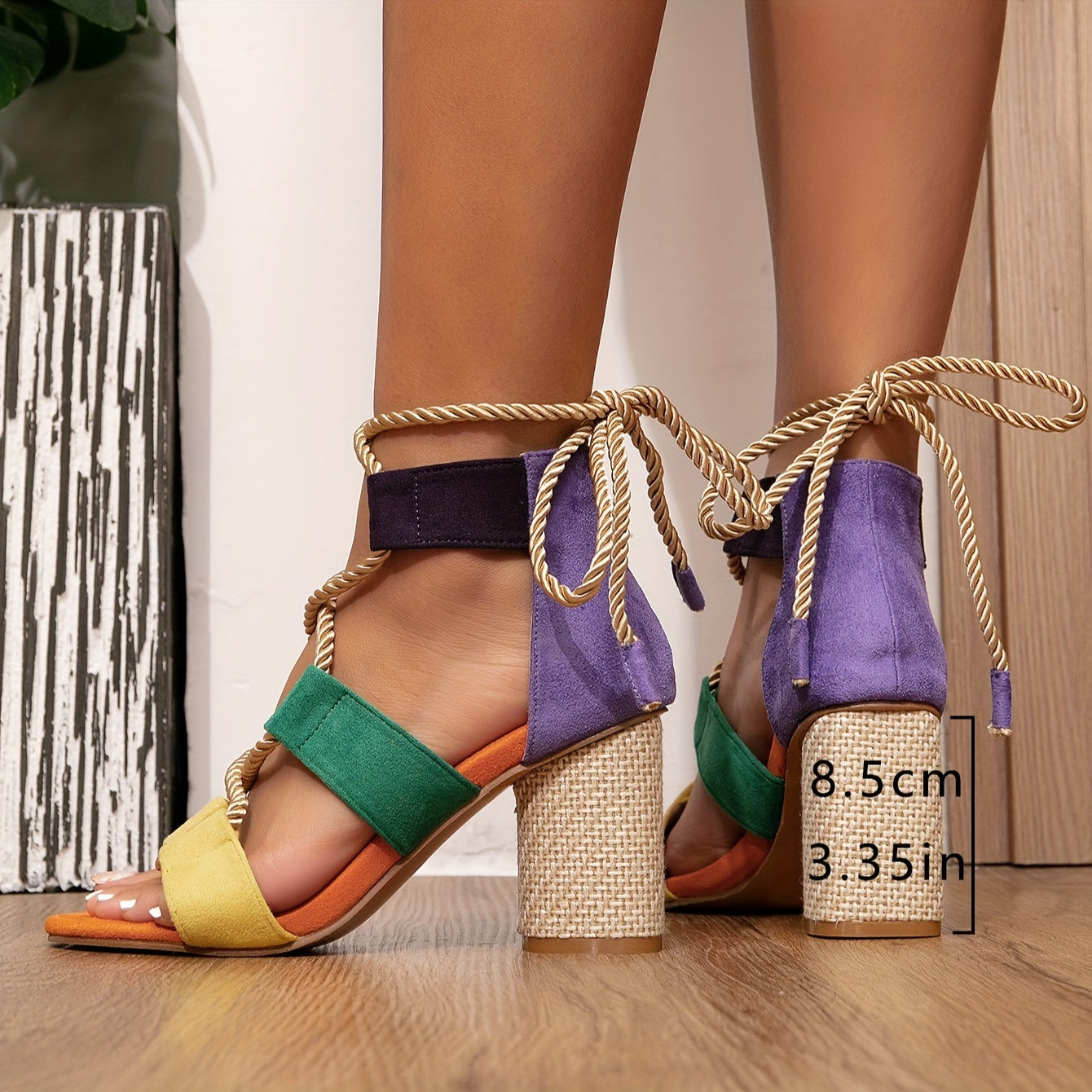 Damen Farbblock Trend-Sandalen, Schnürung Lässige Schuhe Mit Klobigem Absatz Für Den Sommer, Vielseitige Urlaubsschuhe