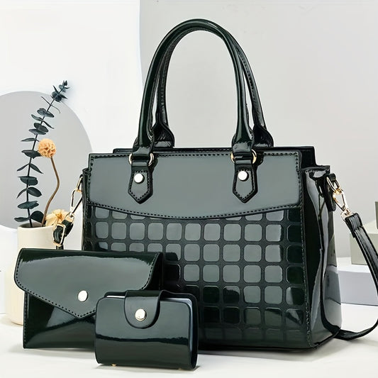 3-teiliges PU-Taschenset aus hellem Leder, Damenhandtasche und Umhängetasche mit Clutch, Geldbörse und Kartenhalter für Büro und Arbeit