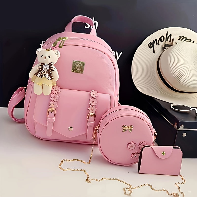 3-teiliges Set Niedlicher Rosa Rucksack, Kleiner Mini Schulreise-Tagesrucksack, Damenmode-Handtasche, Schultertasche & Geldbörse