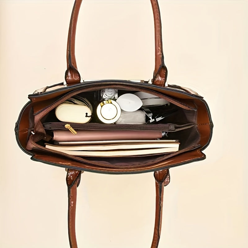 Set aus 2 glänzenden Taschen mit Krokodilmuster, elegante Damen-Handtasche aus hellem Kunstleder, Crossbody-Tasche mit Clutch