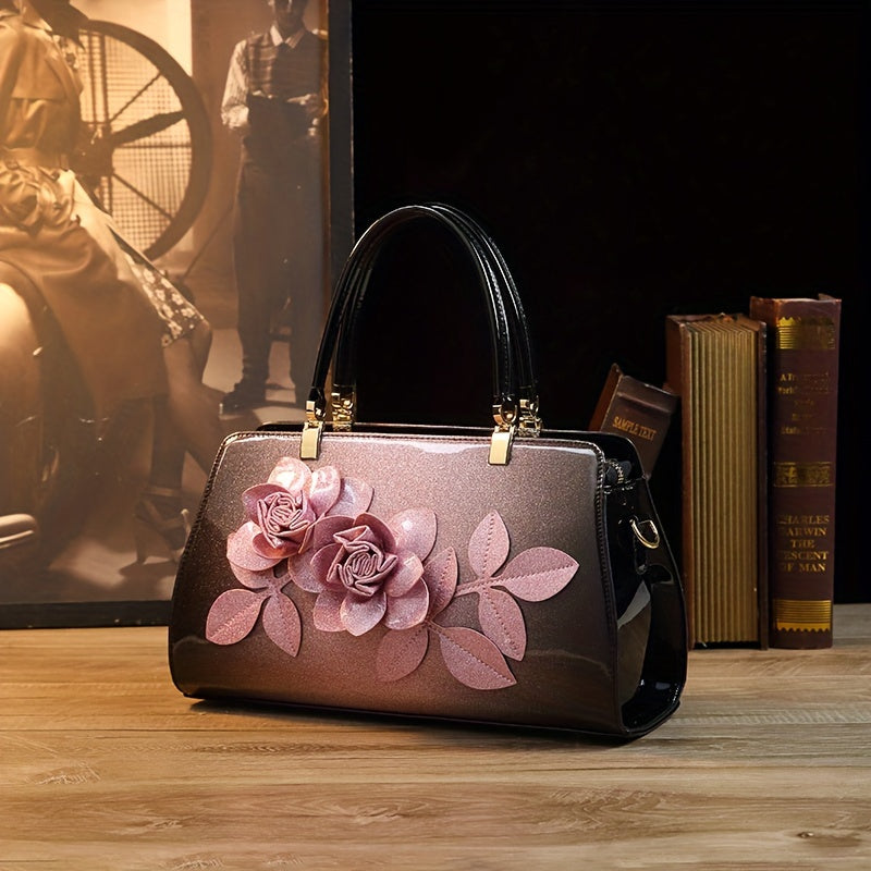 Retro-Blumendekor-Umhängetasche Mit Farbverlaufsmuster, Klassische Elegante Clip-Handtasche Für Frauen, Trendige Geldbörse Für Die Arbeit