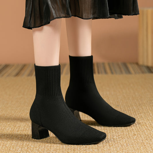 Damen-Sockenstiefel Mit Quadratischer Zehenpartie, Modische Einfarbige Gestrickte Klobige Stiefel Mit Hohen Absätzen, Dehnbare Slip-On-Kurzstiefel