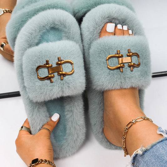 Fashion Slippers Women Buckle Decor Furry Slides-Cute Slippers Casual Shoes