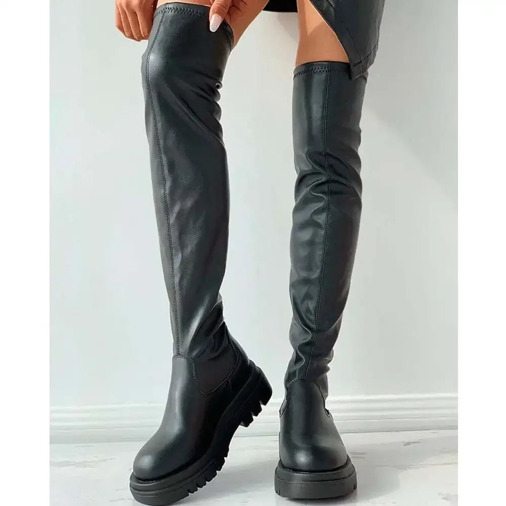 New Female Platform Thigh High Boots Fashion Slim Chunky Heels Over The Knee Boots