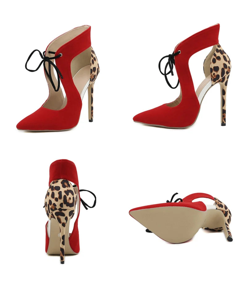 Elegant Red Pointed Toe Lace Up High Heels Women Slingback Sandals Summer Pumps