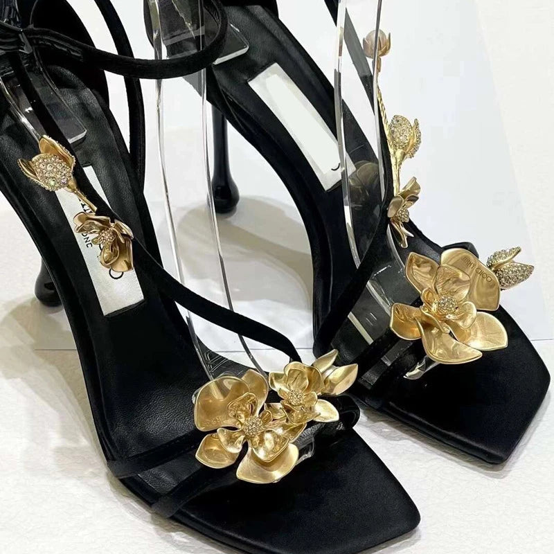 Golden Flowers High Heels Women Silk Luxury Designer Sandal