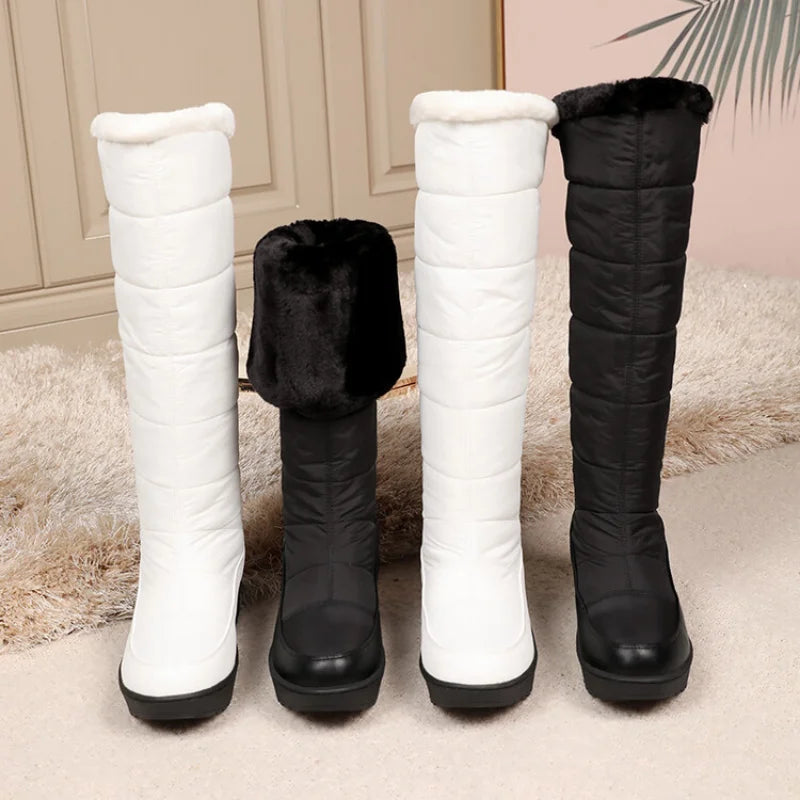 Ladies Winter Thick Sole Thick Plush Snow Boots Waterproof - Warm Fur Back Lace-Up Knee-Length Sleeve Boots