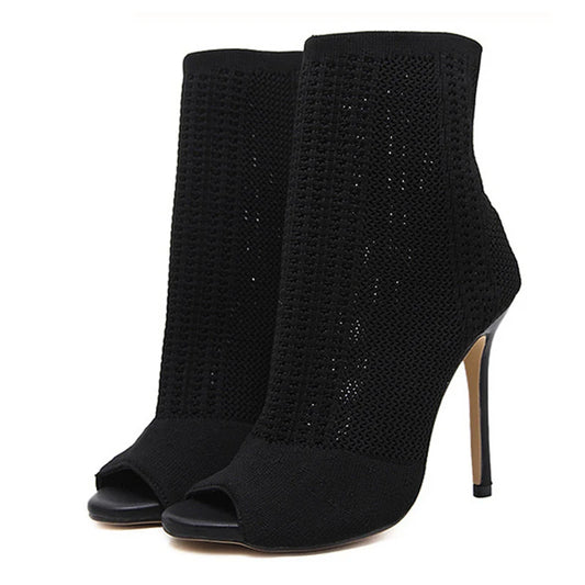 Fashion Ladies Peep Toe Stretch Knitting Ankle Boots