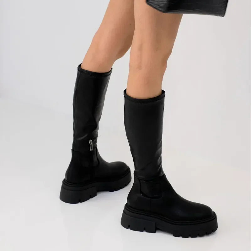 Ladies Fashion Knee Boots High Heels Thin Tall Boots Autumn Winter Warm Thick Sole Elastic Boots