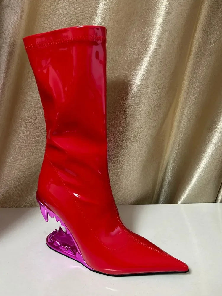 New Knee-length Thigh Women's Boots-Teeth High Heels Show Patent Leather Boots
