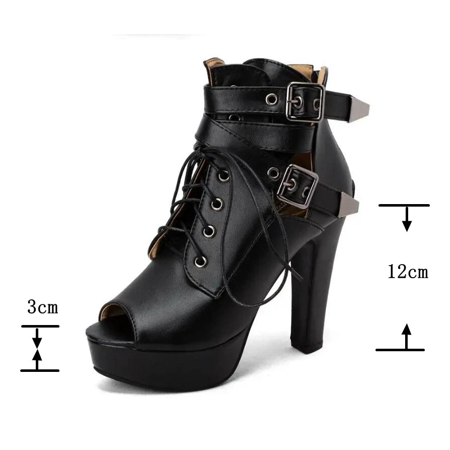 Luxry Ladies Shoes Open Toe Thick Heels 12cm-Lace Up Buckles Platform Sandals