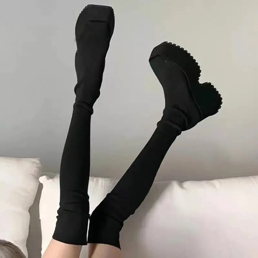 Autumn Winter Women's Over The Knee Sock Boots Stretch Knitted Thick Heels Long Boots