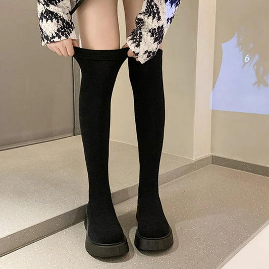 Luxury Autumn Winter Women Platform-Over The Knee Boots Ladies Stretch Knitted Socks Long Boots