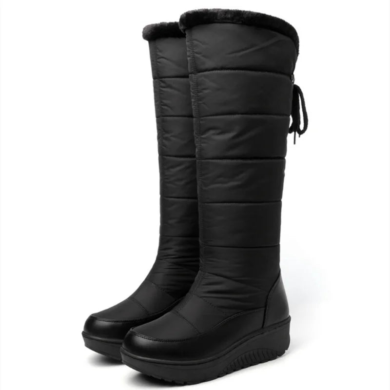 Ladies Winter Thick Sole Thick Plush Snow Boots Waterproof - Warm Fur Back Lace-Up Knee-Length Sleeve Boots