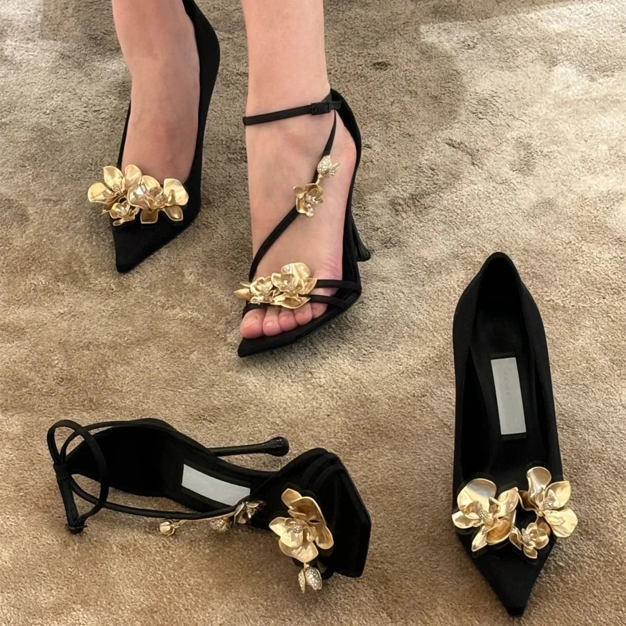 Golden Flowers High Heels Women Silk Luxury Designer Sandal