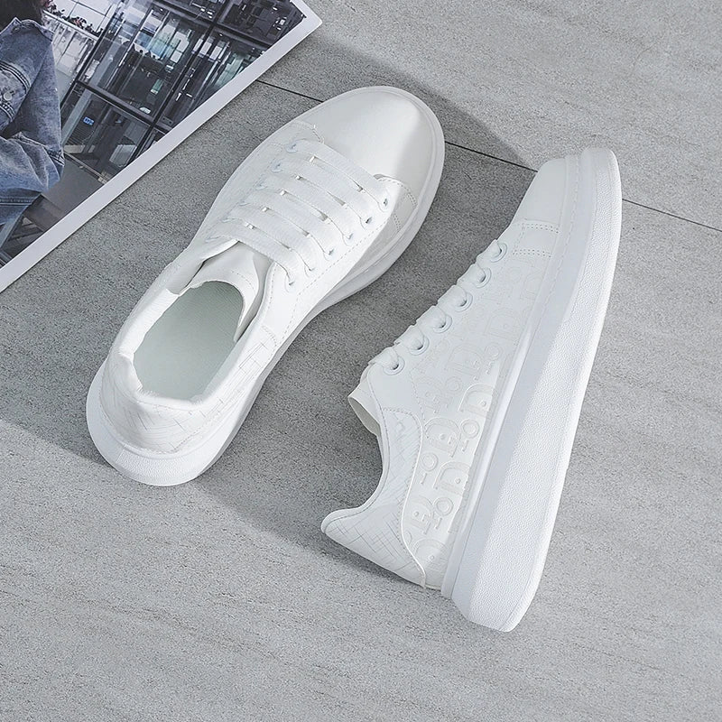 Flat Spring Autumn Sneakers for Women-Thick Sole Breathable White Shoes