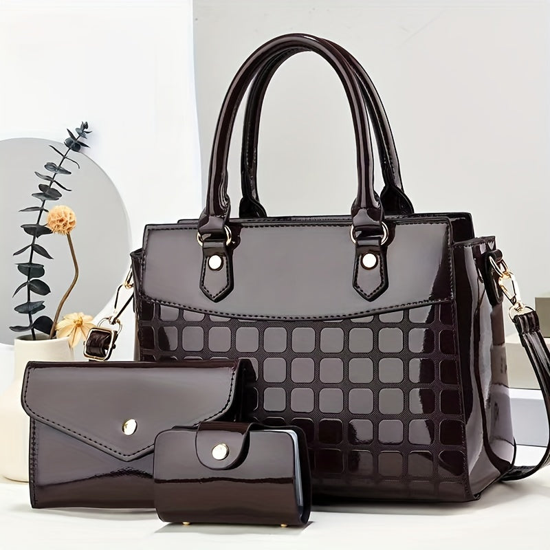 3-teiliges PU-Taschenset aus hellem Leder, Damenhandtasche und Umhängetasche mit Clutch, Geldbörse und Kartenhalter für Büro und Arbeit