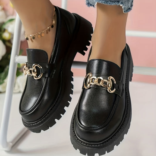 Frauen Metallic Chain Decor Loafers, Slip On Platform Comfy Preppy Schuhe, Vielseitige Rutschfeste Low-Top-Schuhe