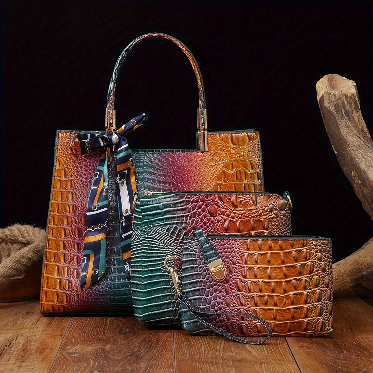 3-teiliges Taschenset Mit Krokodilmuster, Tote Bag In Farbverlauf, Luxuriöse Damenhandtasche Mit Umhängetasche Und Handgelenktasche