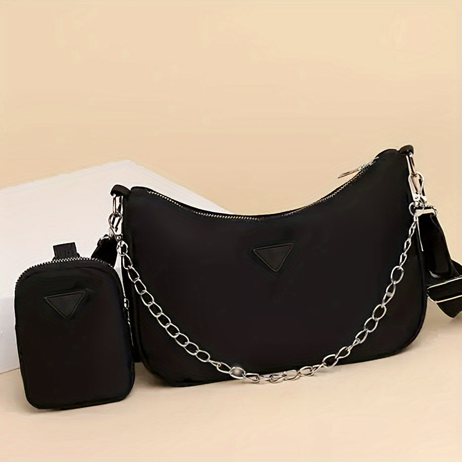 Modische Umhängetasche für Damen mit Kettendetail, schwarzes PU-Leder, vielseitig tragbar, Umhängetasche mit Reißverschluss