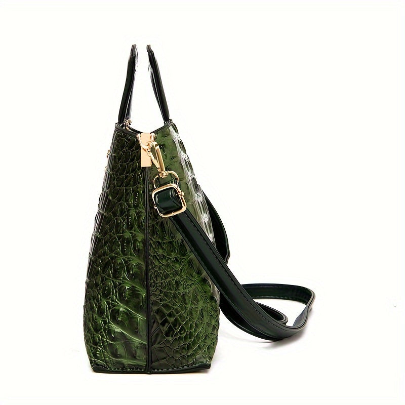Klassisch-elegantes Damentaschen-Set: Tragetasche Mit Krokodilmuster, Einfarbige Clutch-Brieftasche Und Kreditkartenetui