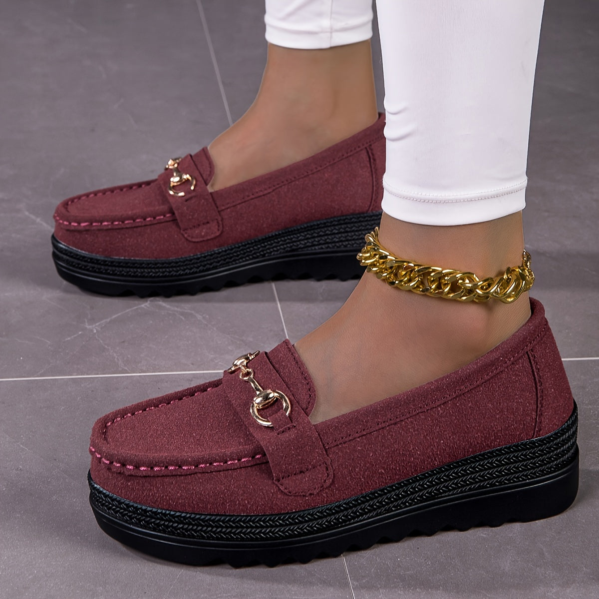 Modische Keil-Loafer für Damen, Schlupfschuhe mit Schnallendekor und runder Zehenpartie, bequeme Schuhe mit weicher Sohle