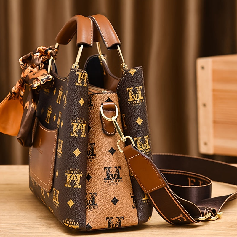 Vintage-Einkaufstasche Mit Geometrischem Muster Und Mehreren Taschen, Stilvolle Schultertasche Mit Seidenschal-Dekor, Perfekte Handtasche Für Den Täglichen Gebrauch