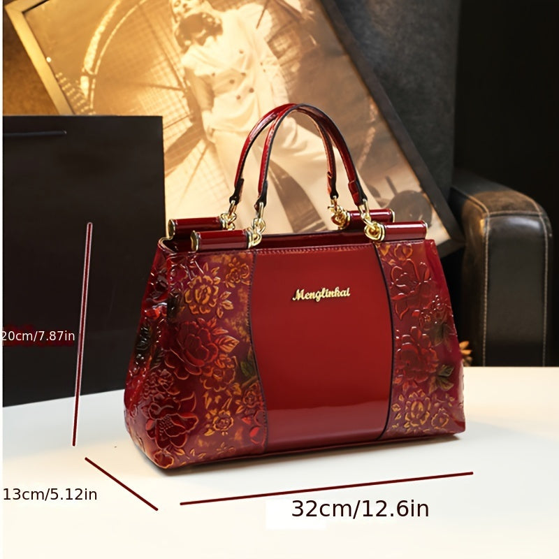 Modische Handtasche aus PU-Leder mit floralem Muster, vielseitige Freizeittasche, Damenhandtasche & Geldbörse für den täglichen Gebrauch