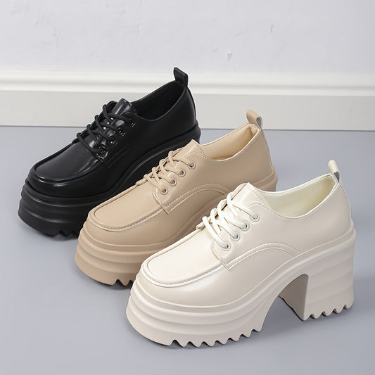 Frauen Solide Farbe Chunky Heel Loafers, Mode Schnür-Plattform-Schuhe, Bequeme Faux-Leder-Schuhe