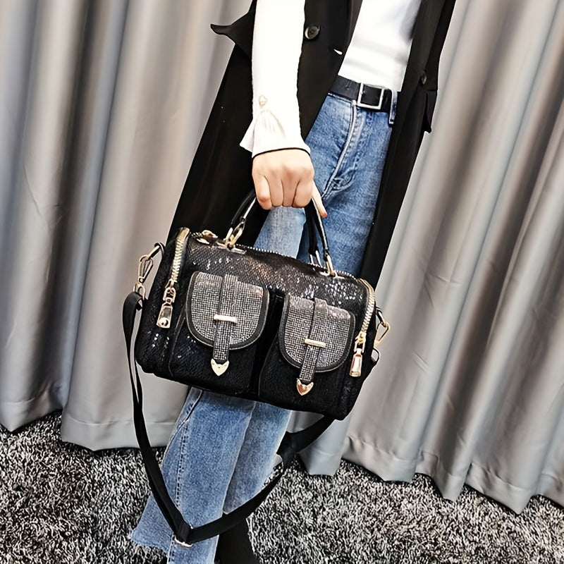Damen Strass Pailletten Handtasche, Vintage Schultertasche, Punk Style Umhängetasche mit Griff